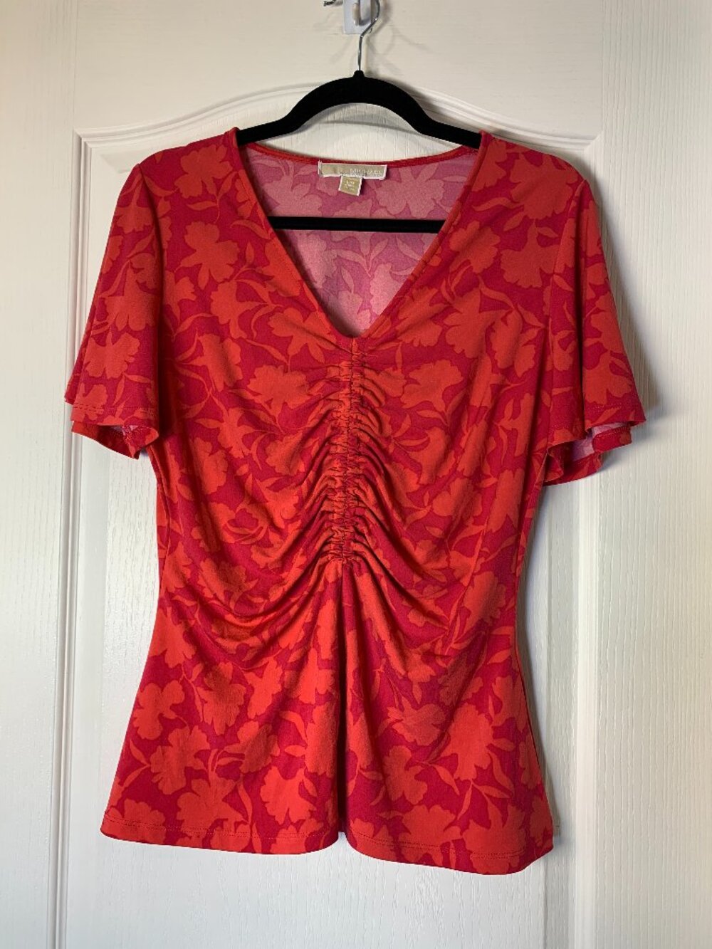 Michael Kors Floral Ruched Top Pink Red Size L Colorful Resortwear Summer Comfy